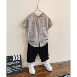 Children's clothing boys cotton linen suit summer two piece striped