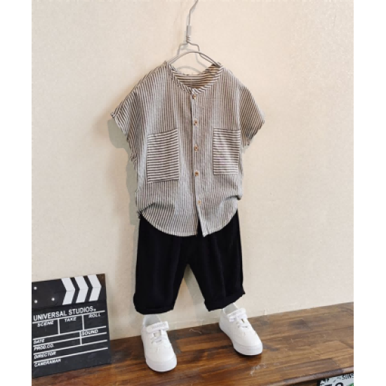 Children's clothing boys cotton linen suit summer two piece striped Children's clothing boys cotton linen suit summer two piece striped