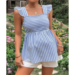 Women's Striped Print Boat Neck Tie Back Sleeveless Maternity Peplum Blouse Tops