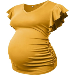 Maternity Pregnancy V Neck Fly Short Sleeve Stylish T Shirt Pregnant Side Ruched Top Shirt