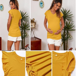 Maternity Pregnancy V Neck Fly Short Sleeve Stylish T Shirt Pregnant Side Ruched Top Shirt