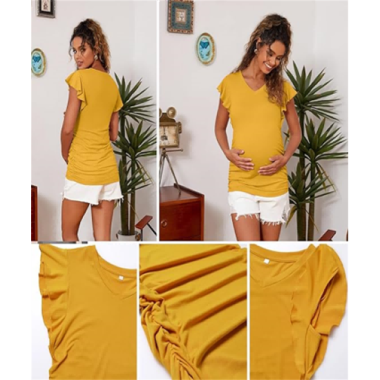 Maternity Pregnancy V Neck Fly Short Sleeve Stylish T Shirt Pregnant Side Ruched Top Shirt Maternity Pregnancy V Neck Fly Short Sleeve Stylish T Shirt Pregnant Side Ruched Top Shirt