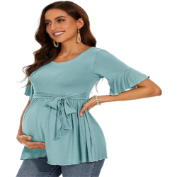 Women's Ruffle Maternity Shirts Tops Short Sleeve Wrap Tie Front Pregnancy Clothes