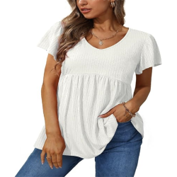 Women Ruffle Short Sleeve V Neck Oversized Shirt Tunic Babydoll Tops