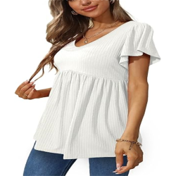 Women Ruffle Short Sleeve V Neck Oversized Shirt Tunic Babydoll Tops