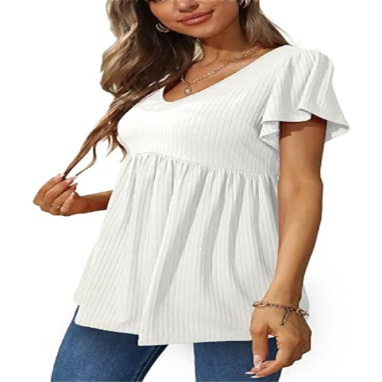 Women Ruffle Short Sleeve V Neck Oversized Shirt Tunic Babydoll Tops Women Ruffle Short Sleeve V Neck Oversized Shirt Tunic Babydoll Tops