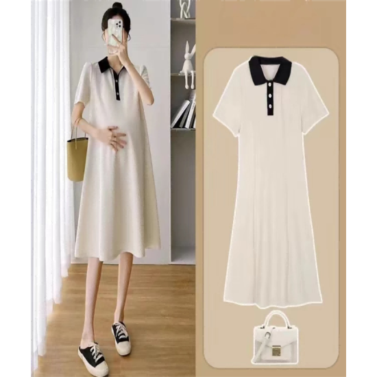 Maternity dress summer short-sleeved polo dress lapel maternity summer short-sleeved maternity dress Korean loose Maternity dress summer short-sleeved polo dress lapel maternity summer short-sleeved maternity dress Korean loose