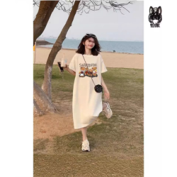 Maternity Summer Dresses Pregnancy Fashion Bear Short Sleeve Loose Side Split Long Knee Length Skirt Pocket Thin