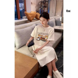 Maternity Summer Dresses Pregnancy Fashion Bear Short Sleeve Loose Side Split Long Knee Length Skirt Pocket Thin