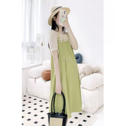 Maternity dress summer short-sleeved thin green false two-piece small loose Korean version of the fashionable hot mom Yanqi outing