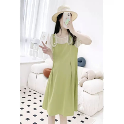Maternity dress summer short-sleeved thin green false two-piece small loose Korean version of the fashionable hot mom Yanqi outing