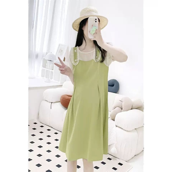Maternity dress summer short-sleeved thin green false two-piece small loose Korean version of the fashionable hot mom Yanqi outing Maternity dress summer short-sleeved thin green false two-piece small loose Korean version of the fashionable hot mom Yanqi outing
