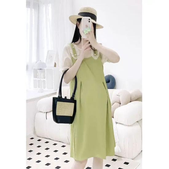 Maternity dress summer short-sleeved thin green false two-piece small loose Korean version of the fashionable hot mom Yanqi outing Maternity dress summer short-sleeved thin green false two-piece small loose Korean version of the fashionable hot mom Yanqi outing