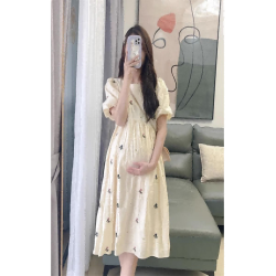 New summer floral Korean sweet dress bubble sleeve mid-length fresh round neck skirt