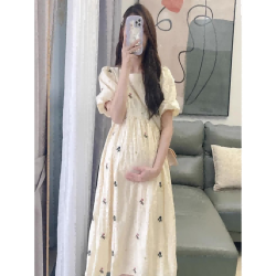 New summer floral Korean sweet dress bubble sleeve mid-length fresh round neck skirt