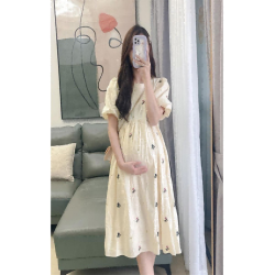 New summer floral Korean sweet dress bubble sleeve mid-length fresh round neck skirt