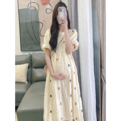 New summer floral Korean sweet dress bubble sleeve mid-length fresh round neck skirt